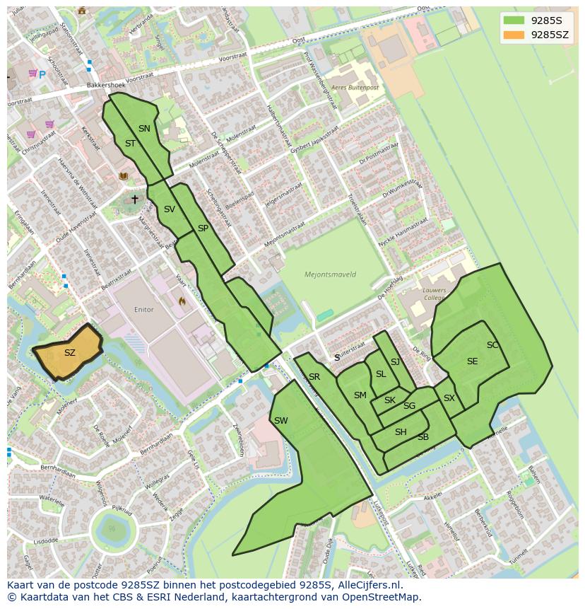 Afbeelding van het postcodegebied 9285 SZ op de kaart.