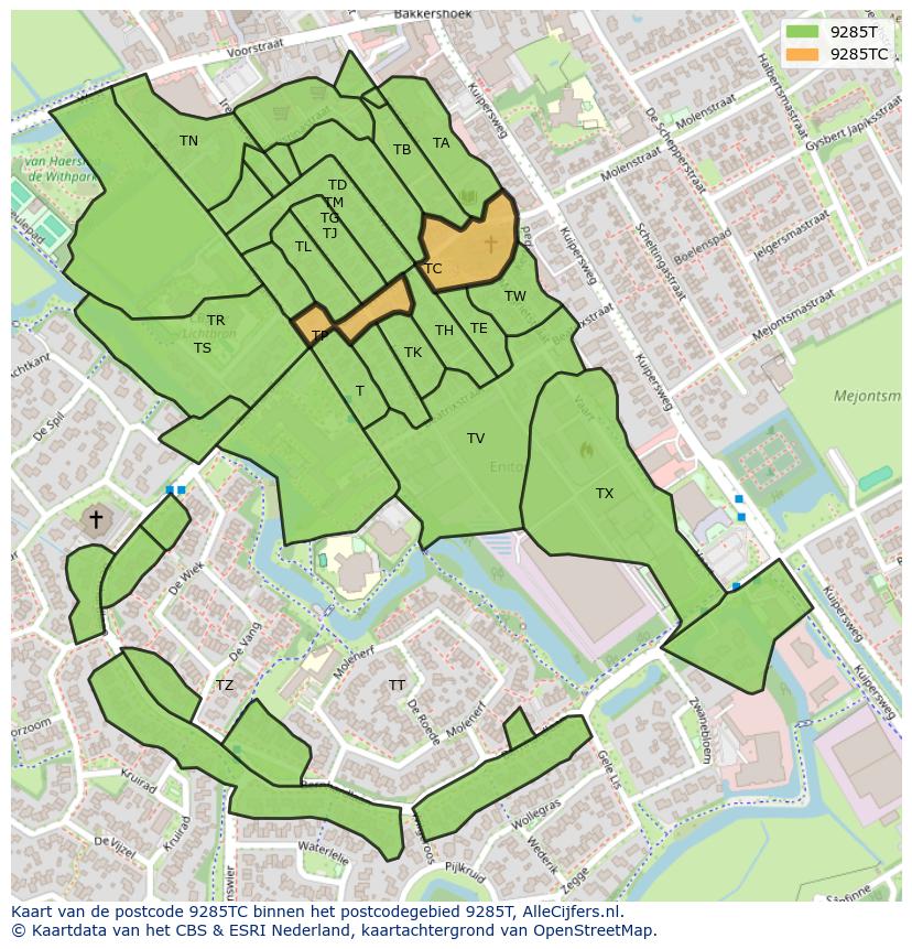 Afbeelding van het postcodegebied 9285 TC op de kaart.