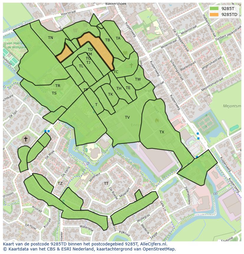 Afbeelding van het postcodegebied 9285 TD op de kaart.
