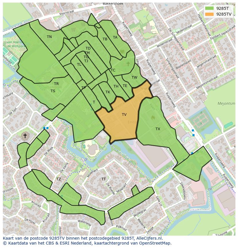 Afbeelding van het postcodegebied 9285 TV op de kaart.