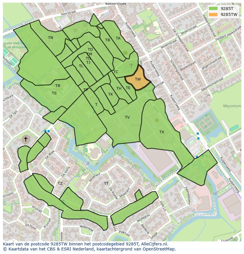 Afbeelding van het postcodegebied 9285 TW op de kaart.