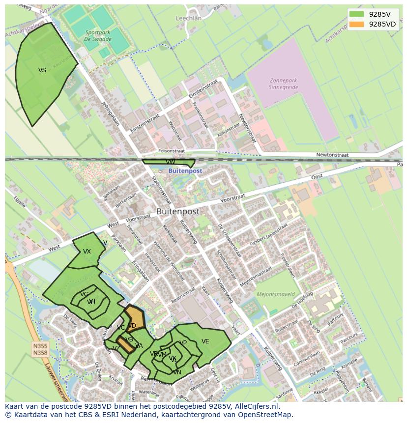 Afbeelding van het postcodegebied 9285 VD op de kaart.