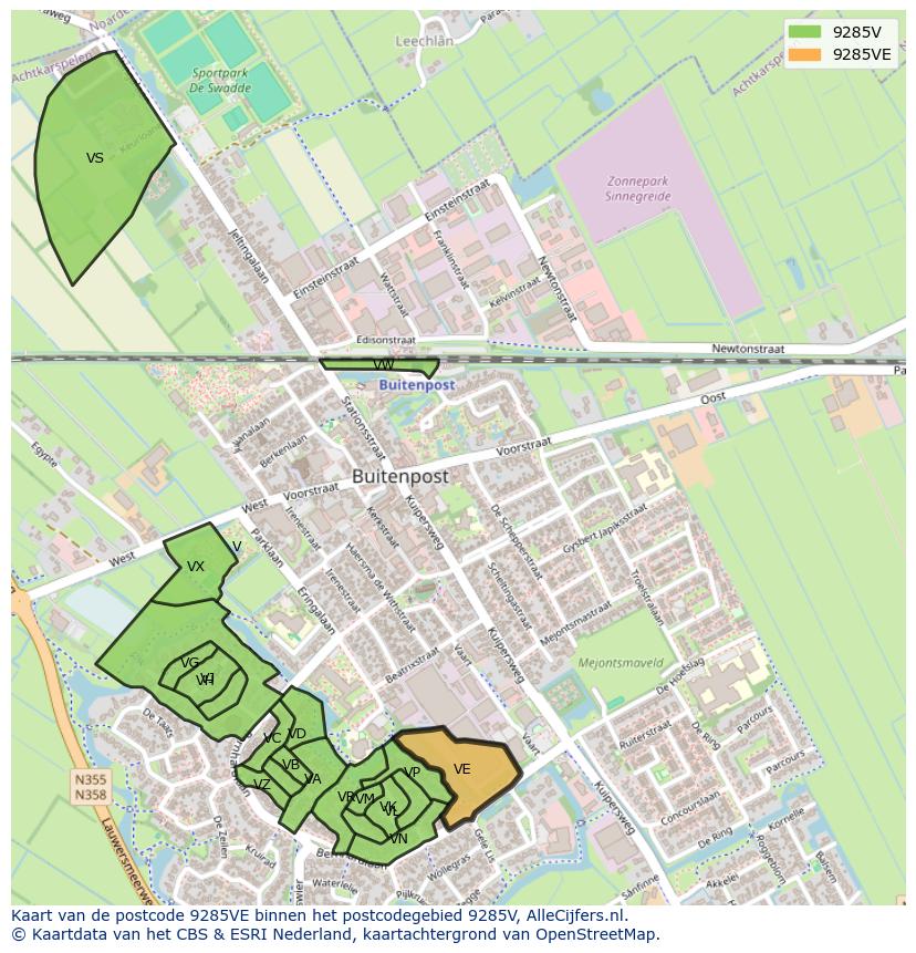 Afbeelding van het postcodegebied 9285 VE op de kaart.