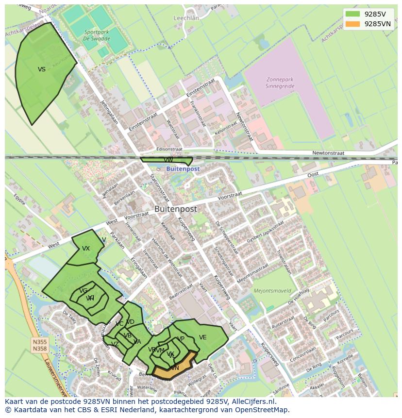 Afbeelding van het postcodegebied 9285 VN op de kaart.