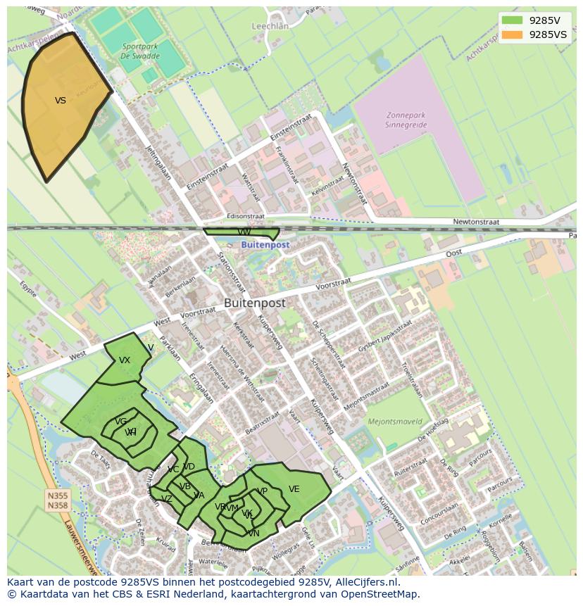 Afbeelding van het postcodegebied 9285 VS op de kaart.