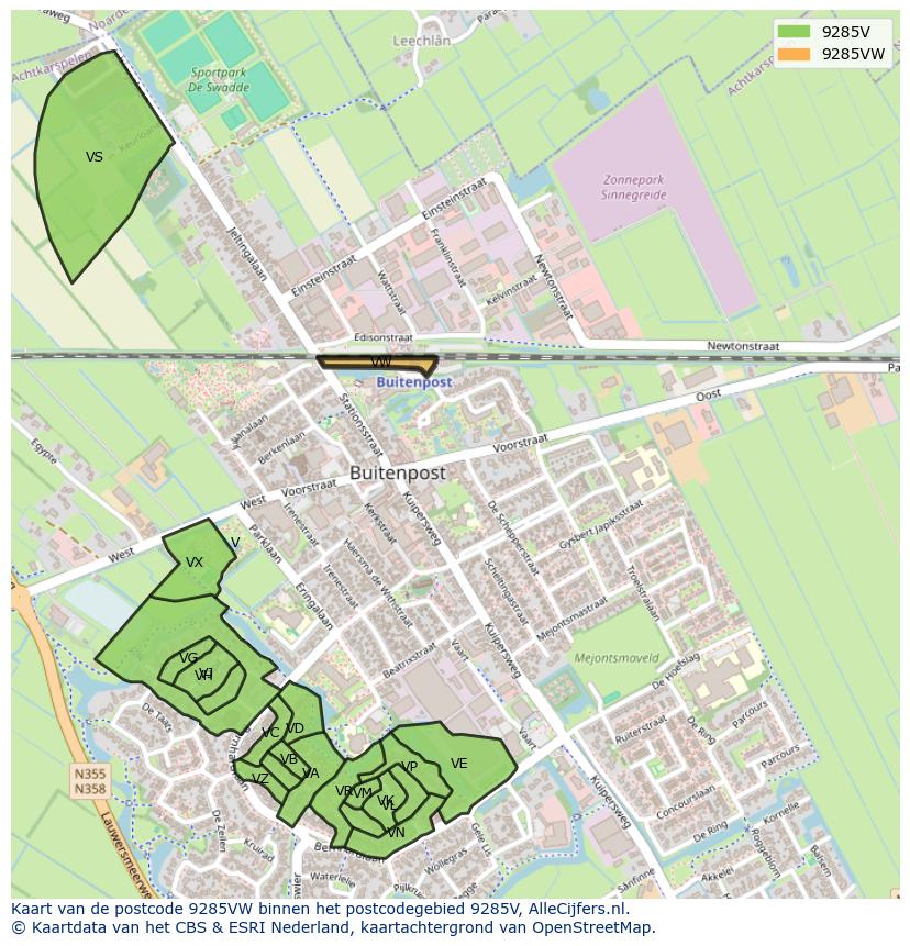 Afbeelding van het postcodegebied 9285 VW op de kaart.