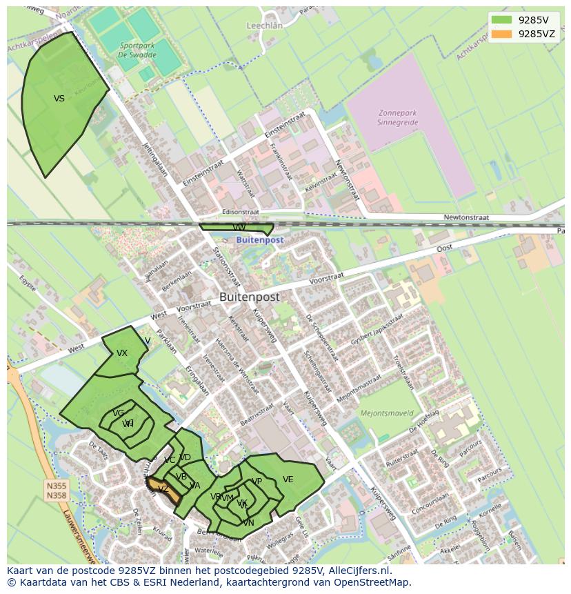 Afbeelding van het postcodegebied 9285 VZ op de kaart.