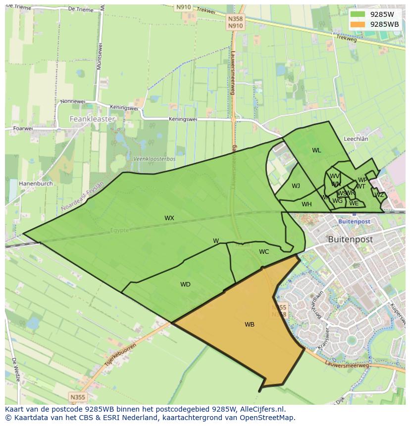 Afbeelding van het postcodegebied 9285 WB op de kaart.