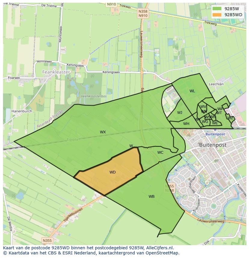 Afbeelding van het postcodegebied 9285 WD op de kaart.