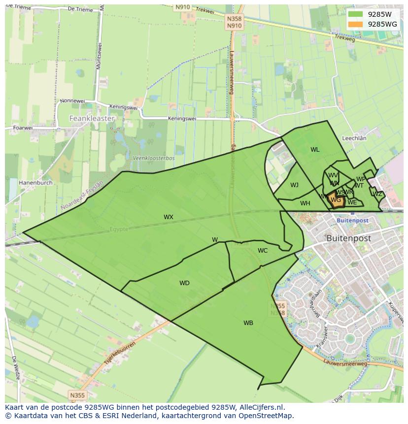 Afbeelding van het postcodegebied 9285 WG op de kaart.