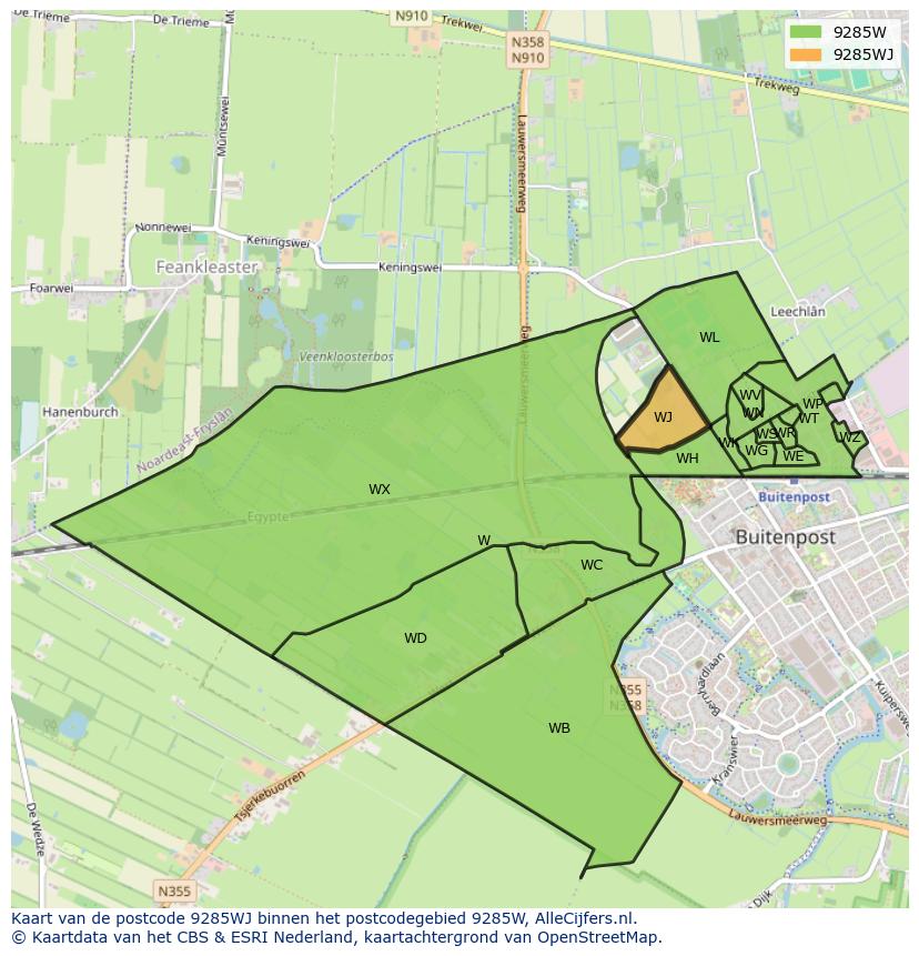 Afbeelding van het postcodegebied 9285 WJ op de kaart.