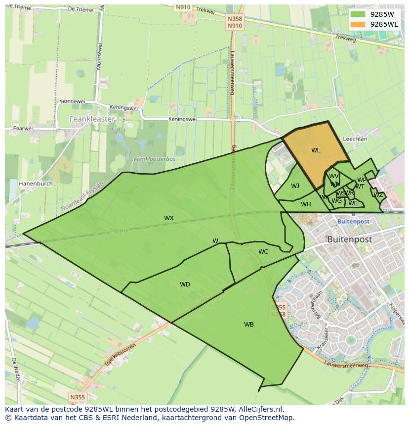 Afbeelding van het postcodegebied 9285 WL op de kaart.