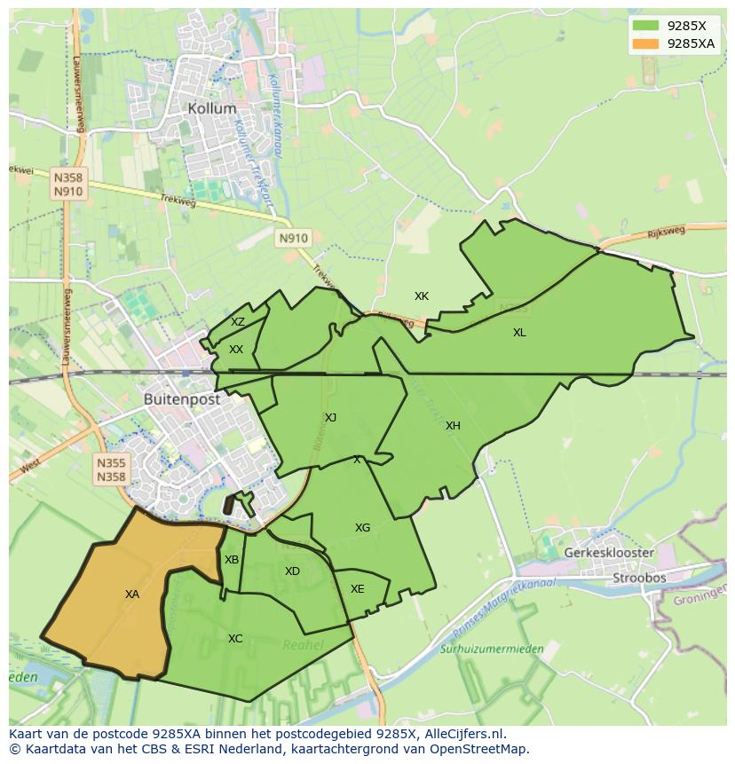 Afbeelding van het postcodegebied 9285 XA op de kaart.