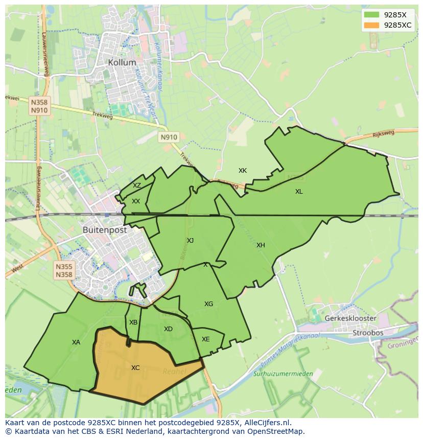 Afbeelding van het postcodegebied 9285 XC op de kaart.