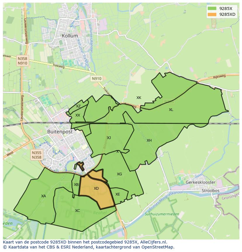 Afbeelding van het postcodegebied 9285 XD op de kaart.
