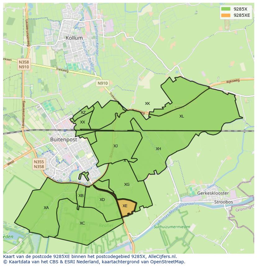 Afbeelding van het postcodegebied 9285 XE op de kaart.