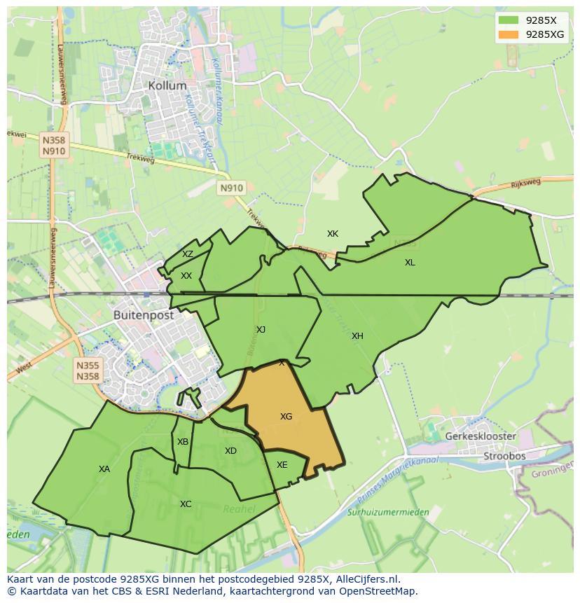 Afbeelding van het postcodegebied 9285 XG op de kaart.