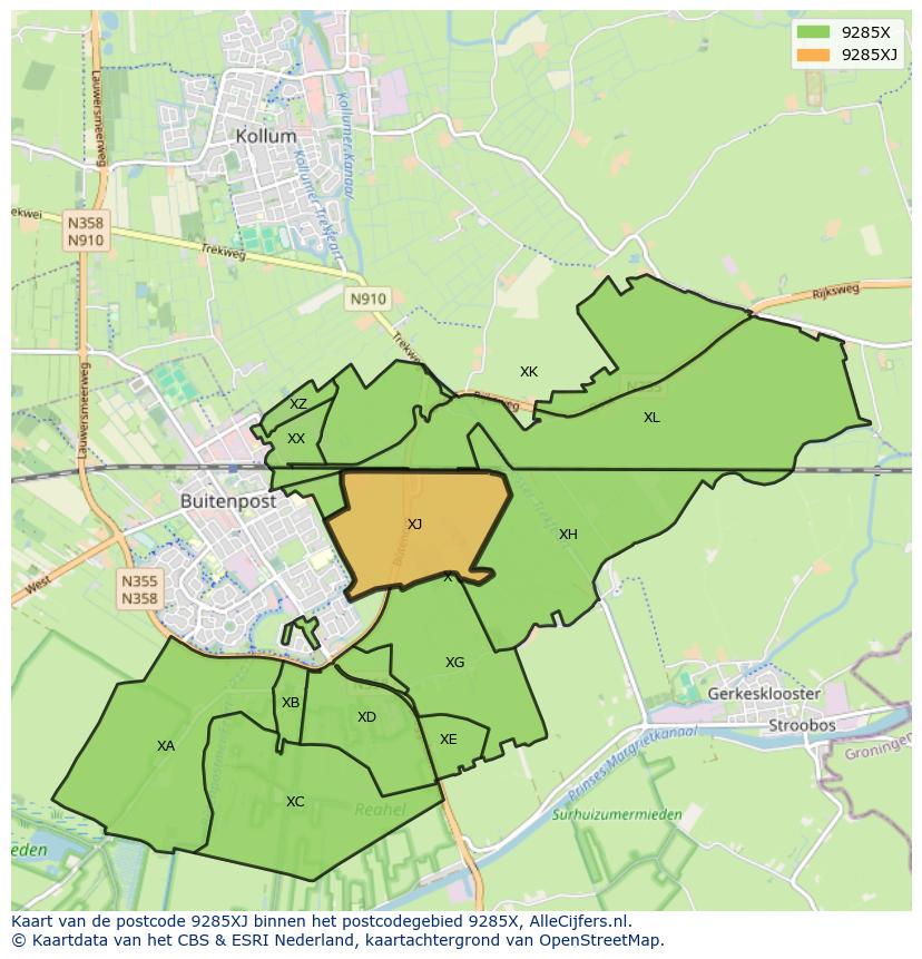 Afbeelding van het postcodegebied 9285 XJ op de kaart.