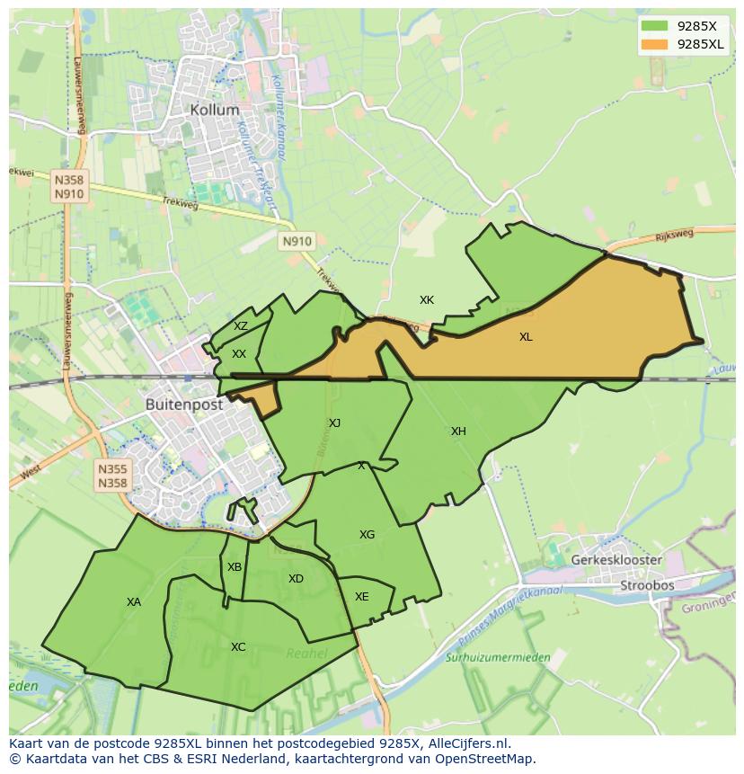 Afbeelding van het postcodegebied 9285 XL op de kaart.