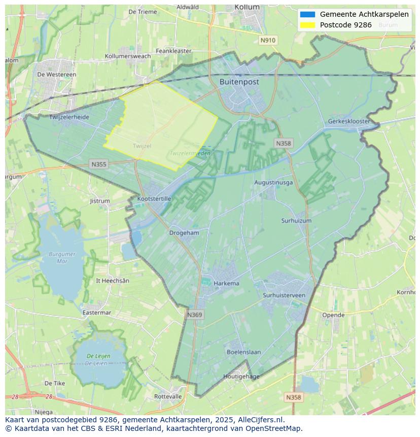 Afbeelding van het postcodegebied 9286 op de kaart.