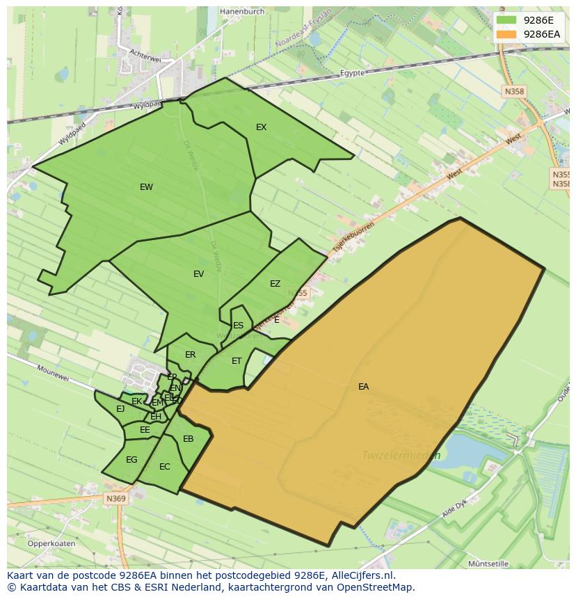 Afbeelding van het postcodegebied 9286 EA op de kaart.
