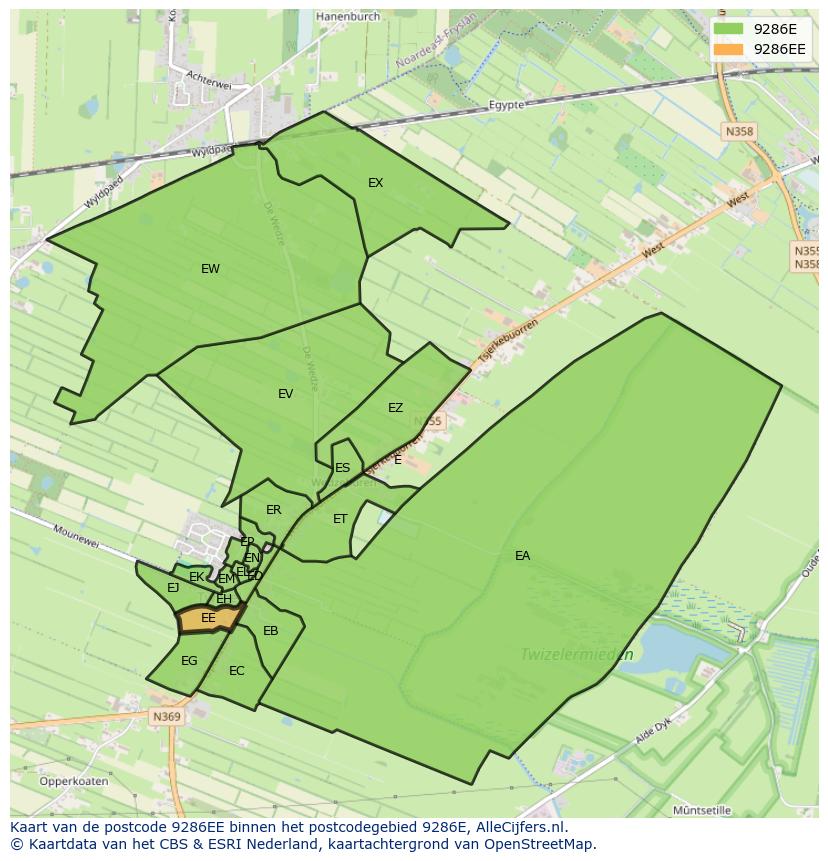 Afbeelding van het postcodegebied 9286 EE op de kaart.