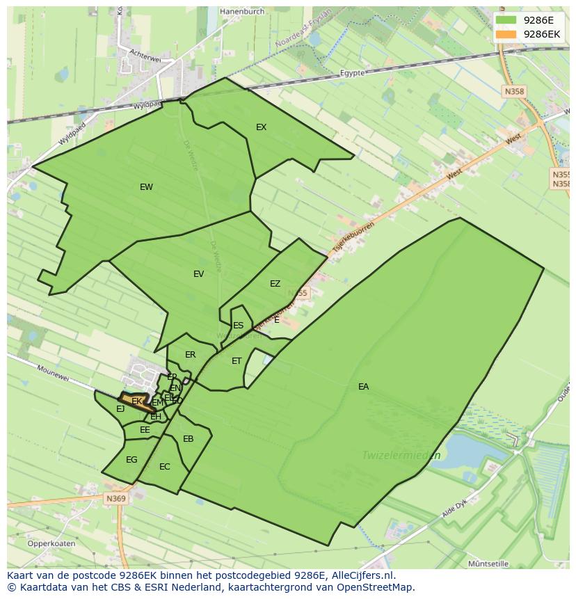 Afbeelding van het postcodegebied 9286 EK op de kaart.