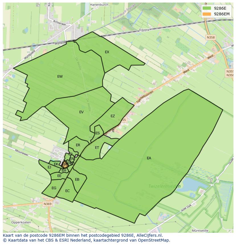 Afbeelding van het postcodegebied 9286 EM op de kaart.