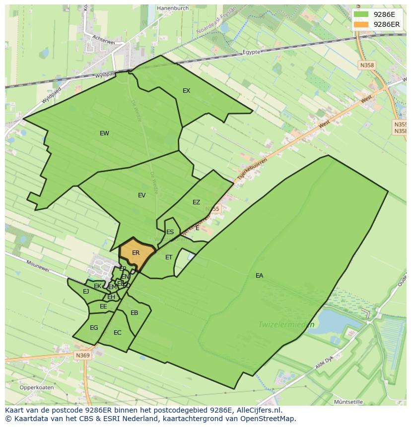 Afbeelding van het postcodegebied 9286 ER op de kaart.