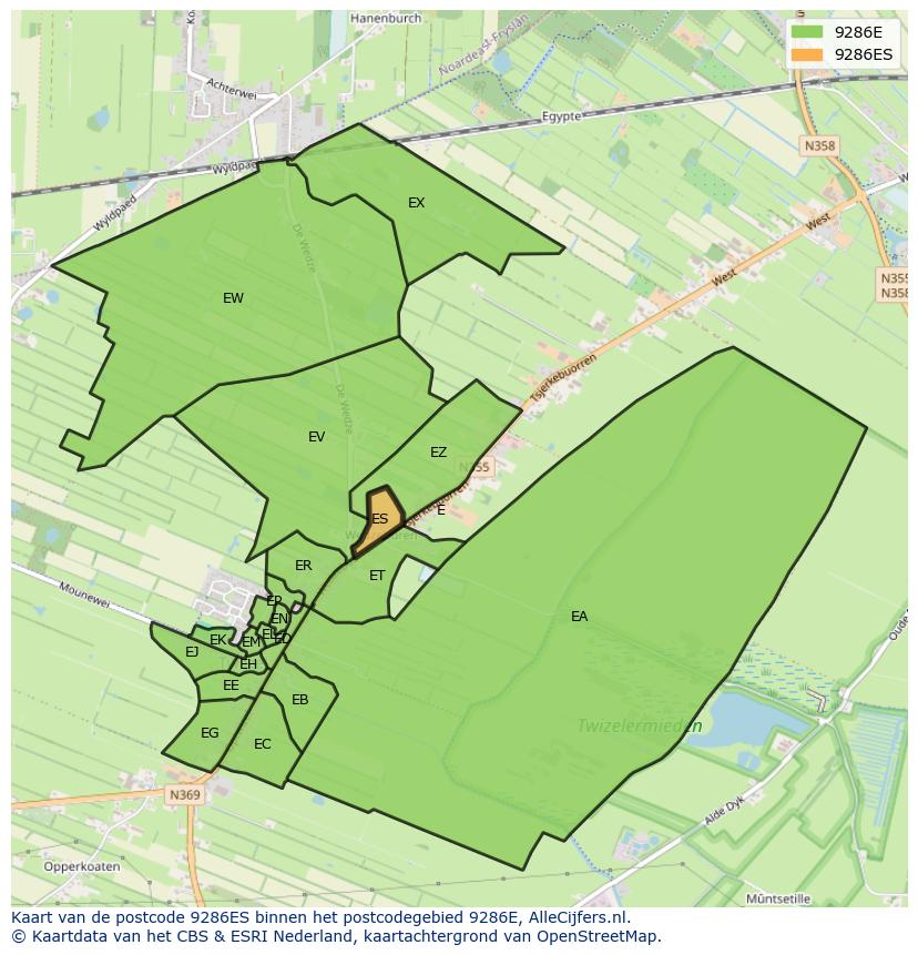Afbeelding van het postcodegebied 9286 ES op de kaart.