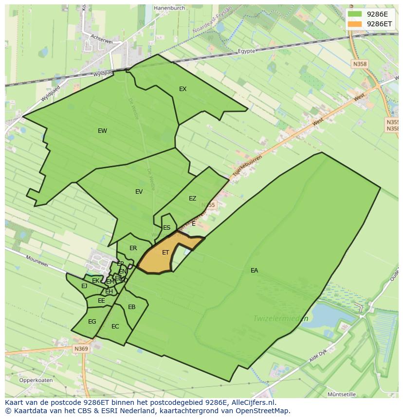 Afbeelding van het postcodegebied 9286 ET op de kaart.