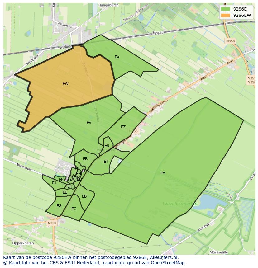 Afbeelding van het postcodegebied 9286 EW op de kaart.