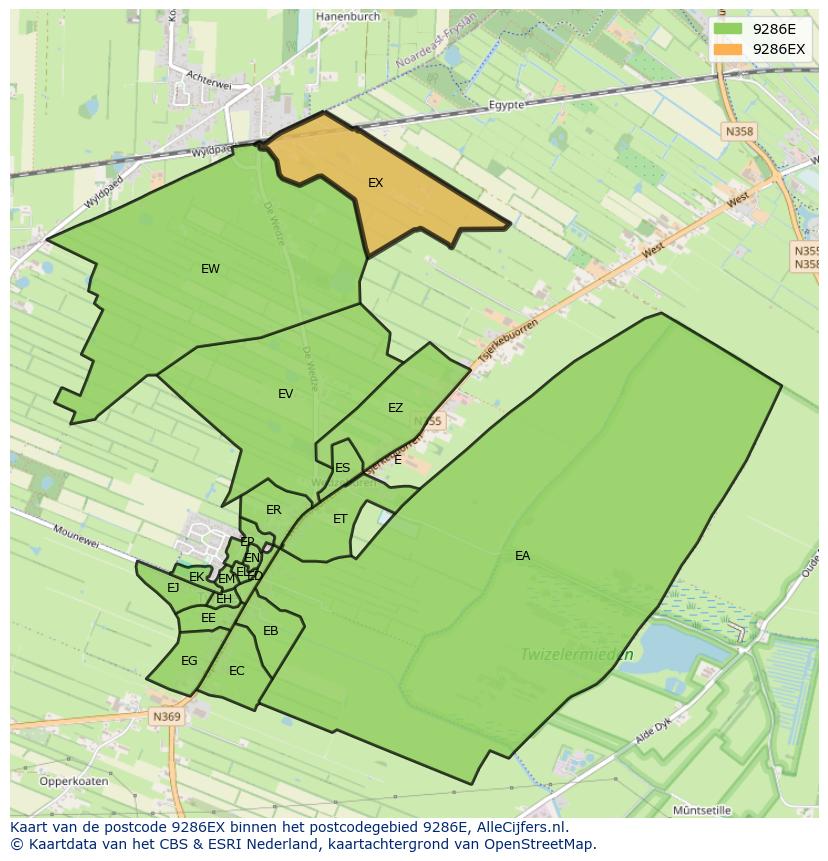 Afbeelding van het postcodegebied 9286 EX op de kaart.