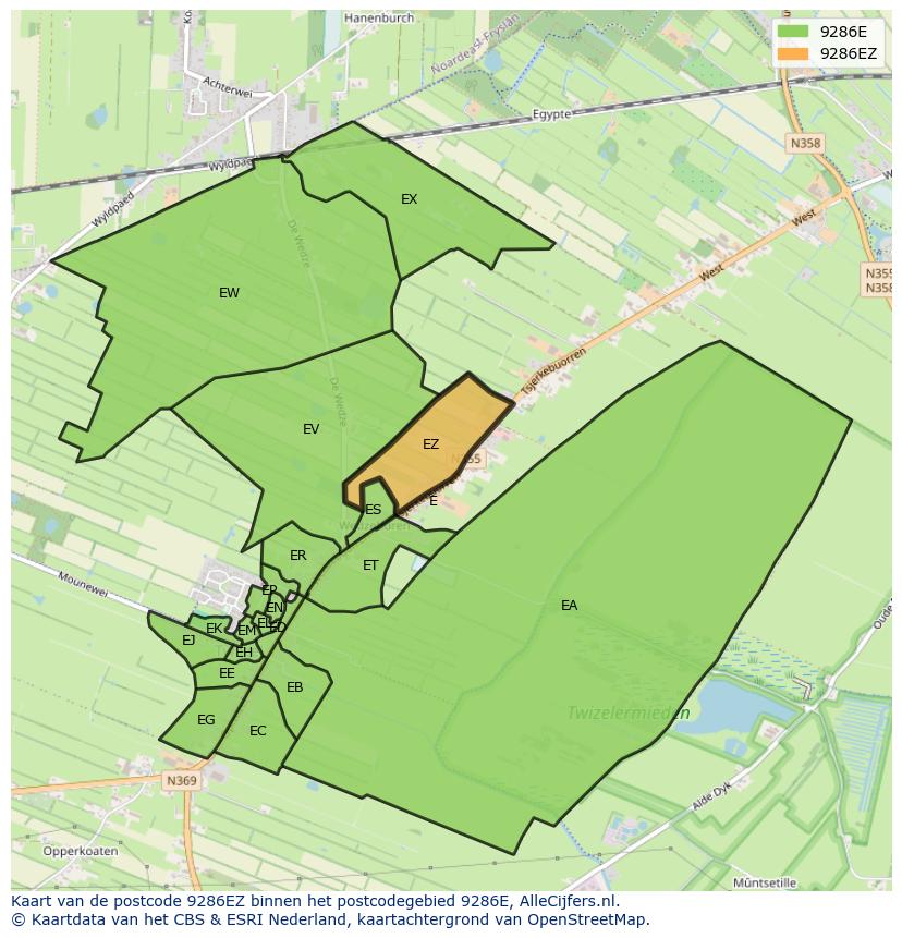 Afbeelding van het postcodegebied 9286 EZ op de kaart.