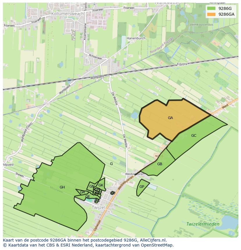 Afbeelding van het postcodegebied 9286 GA op de kaart.