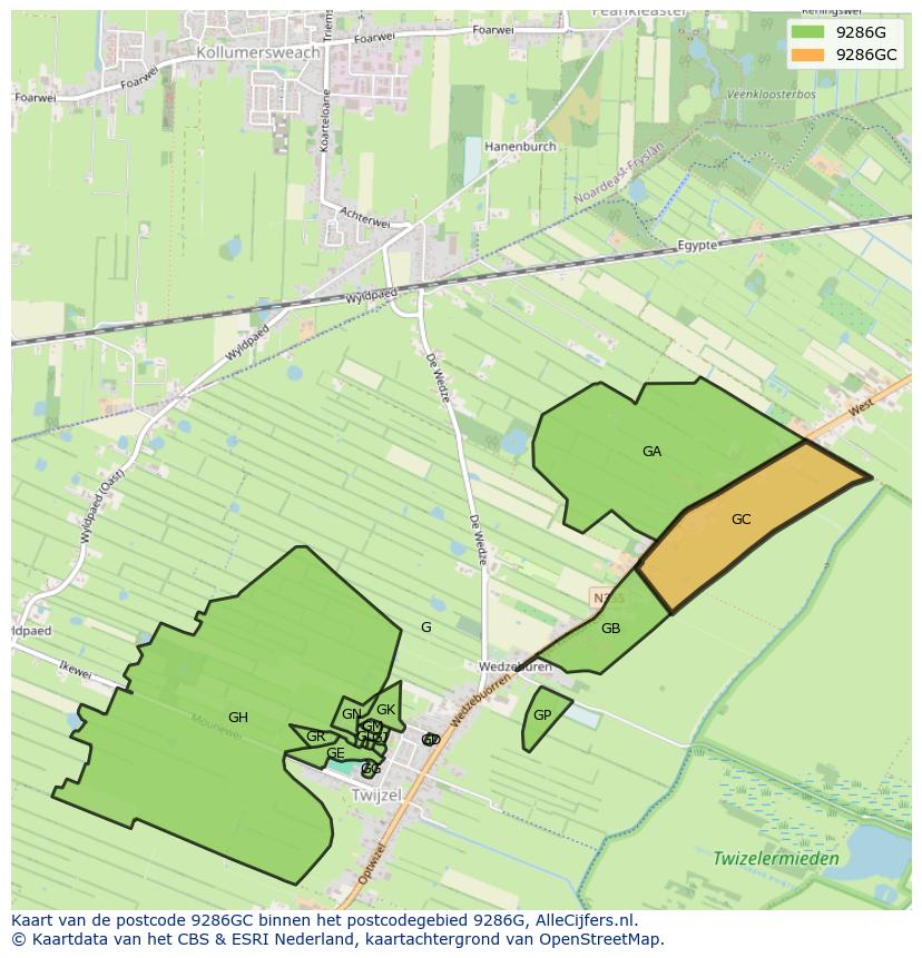 Afbeelding van het postcodegebied 9286 GC op de kaart.