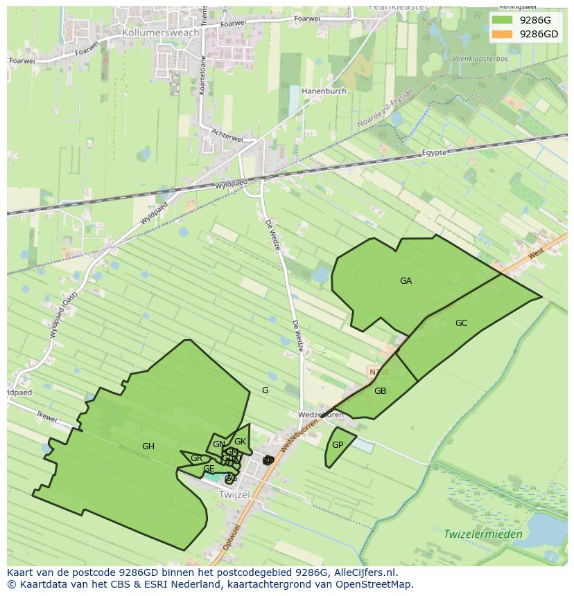 Afbeelding van het postcodegebied 9286 GD op de kaart.