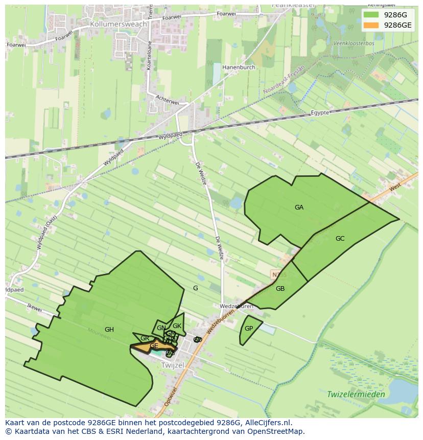 Afbeelding van het postcodegebied 9286 GE op de kaart.