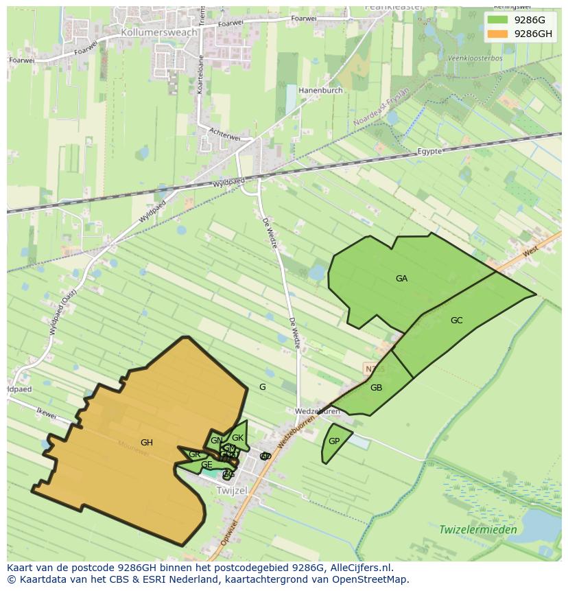 Afbeelding van het postcodegebied 9286 GH op de kaart.