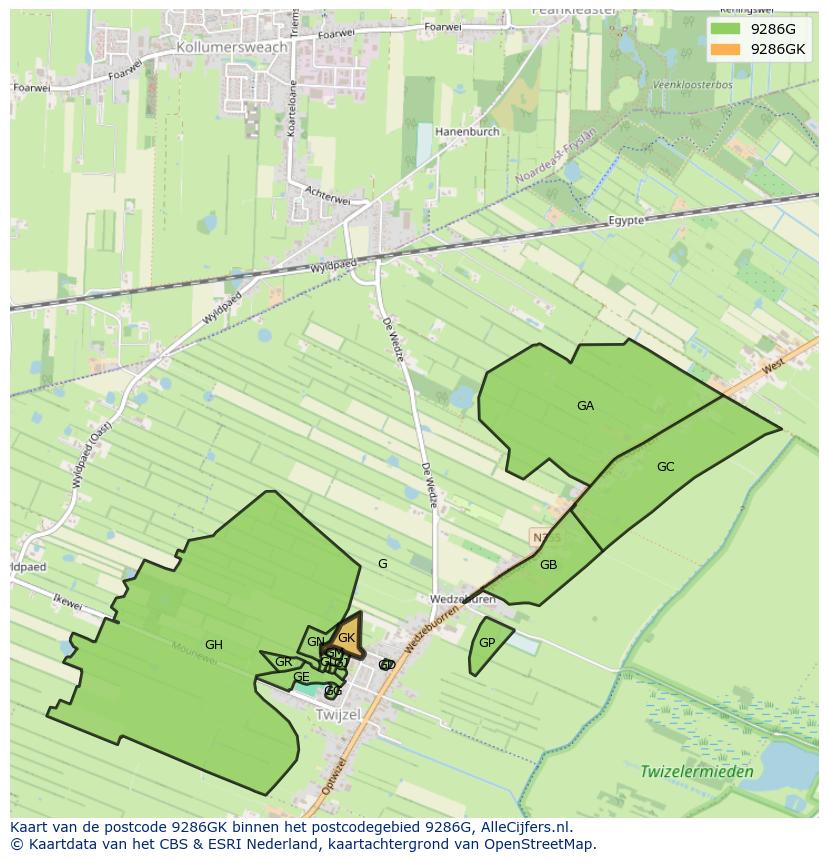 Afbeelding van het postcodegebied 9286 GK op de kaart.