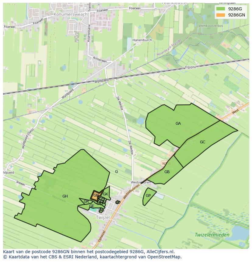 Afbeelding van het postcodegebied 9286 GN op de kaart.