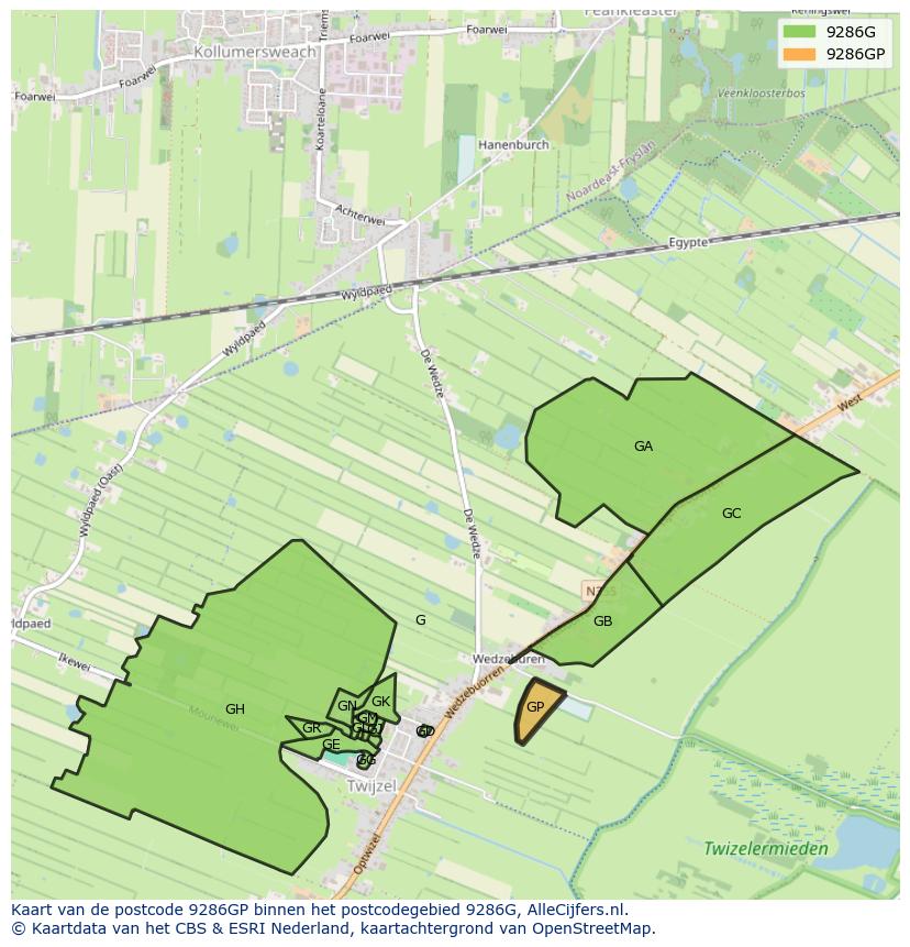 Afbeelding van het postcodegebied 9286 GP op de kaart.