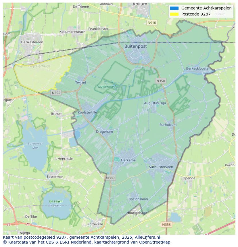 Afbeelding van het postcodegebied 9287 op de kaart.