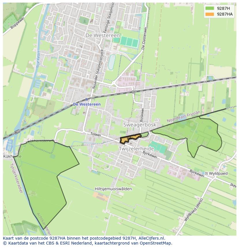 Afbeelding van het postcodegebied 9287 HA op de kaart.