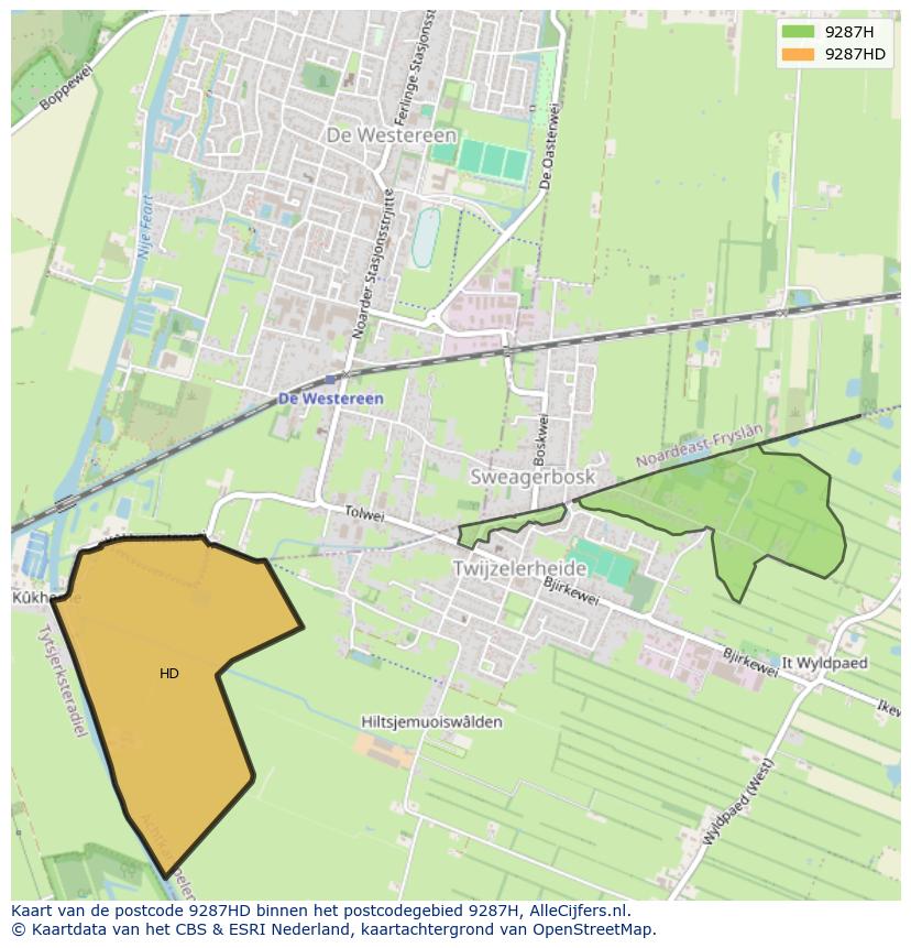 Afbeelding van het postcodegebied 9287 HD op de kaart.