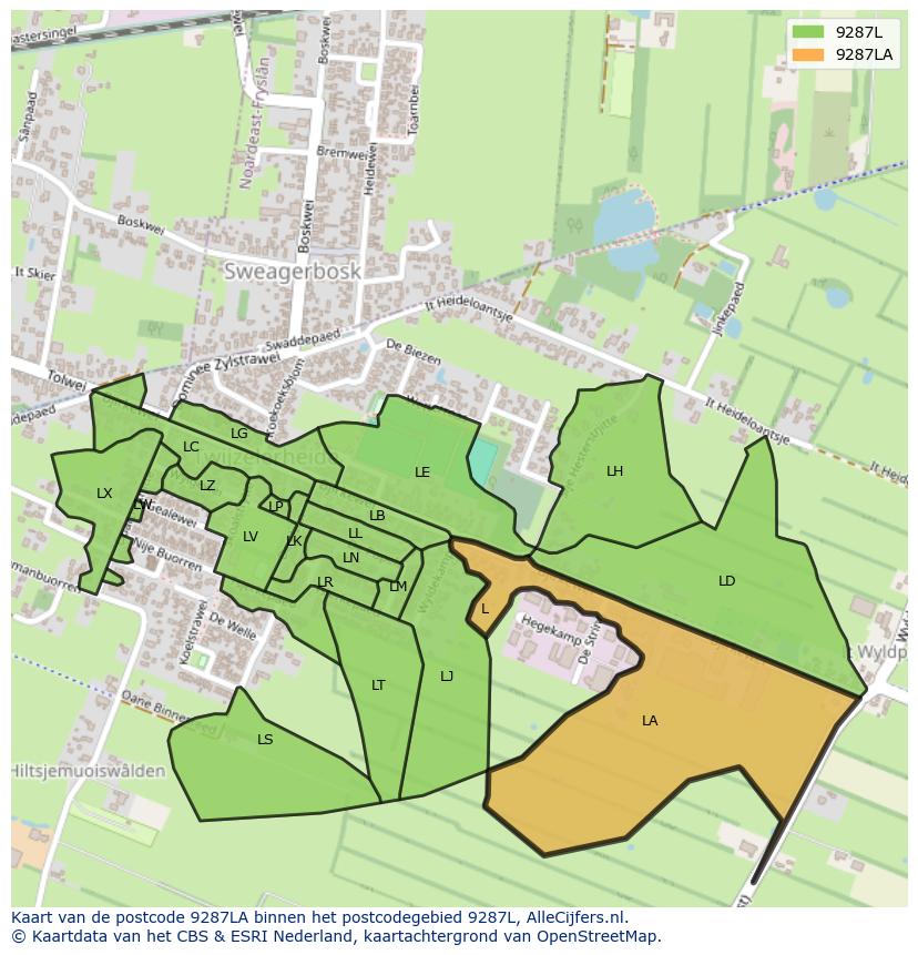 Afbeelding van het postcodegebied 9287 LA op de kaart.