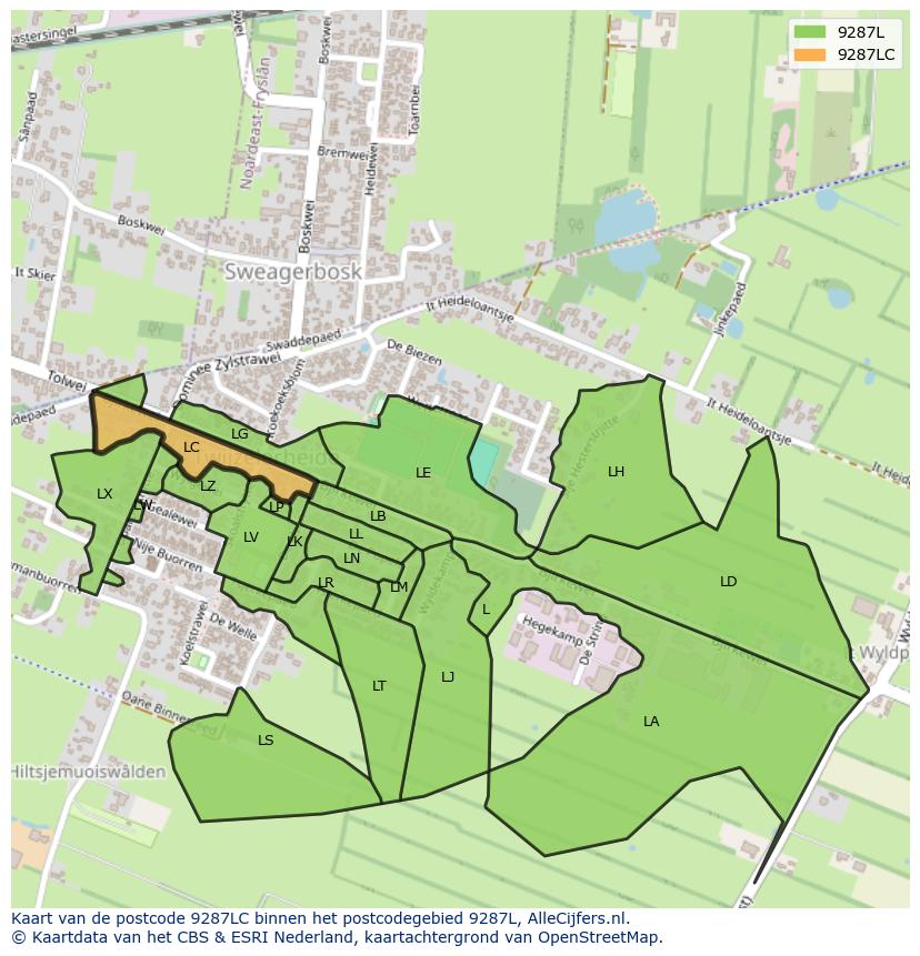 Afbeelding van het postcodegebied 9287 LC op de kaart.