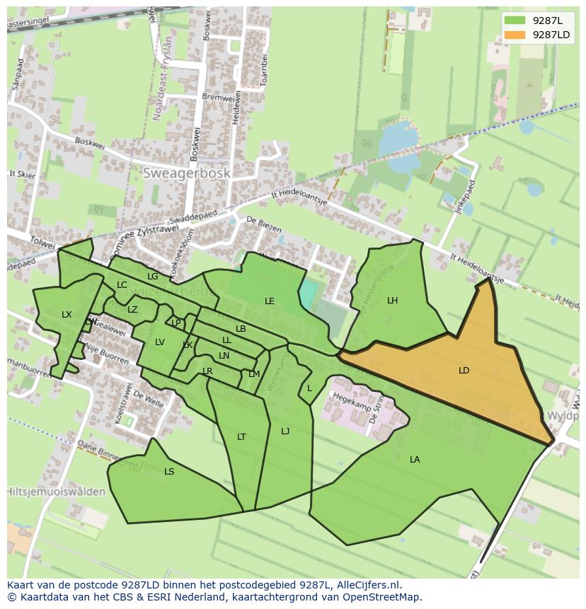 Afbeelding van het postcodegebied 9287 LD op de kaart.
