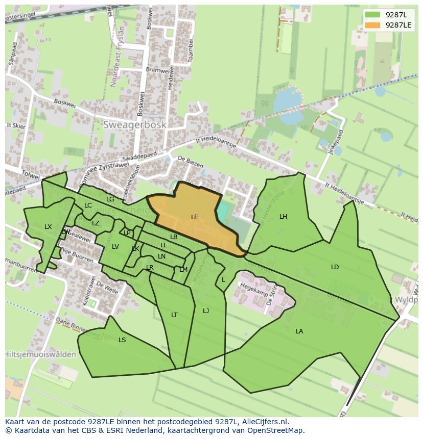 Afbeelding van het postcodegebied 9287 LE op de kaart.