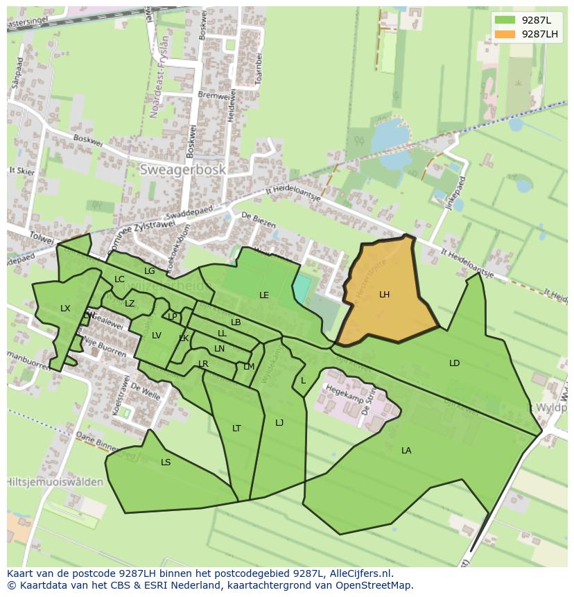 Afbeelding van het postcodegebied 9287 LH op de kaart.